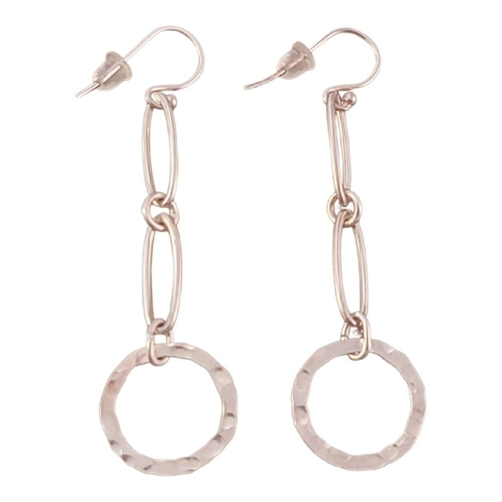 Sterling Artisan Contemporary Long Loop Chain Hammered Circle Earrings